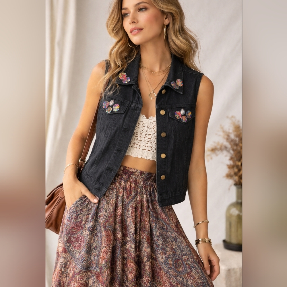 Vintage 90s Boho Black Vest with Colorful Embroidery